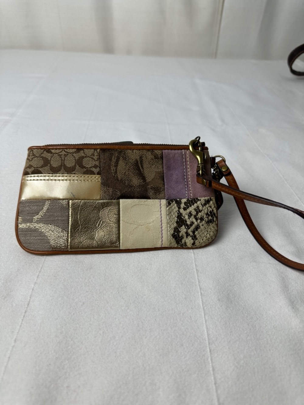 Coach Patchwork Clutch Wristlet in Brown, Cream & Purple Accents